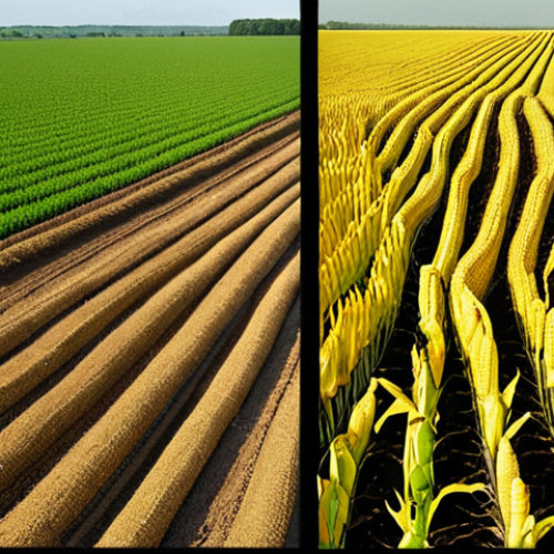 A thought-provoking image illustrating the complexities and ethical dilemmas of first-generation biofuels. The foreground shows vast monoculture fields (like corn or rapeseed) with heavy agricultural machinery, hinting at intensive resource use. In the background, subtle visual cues of environmental degradation, such as deforestation, are present. A symbolic element, like a balance scale with "food" on one side and "fuel" on the other, or a visual representation of energy consumption vs. output, should convey the conflict and critical reflection on sustainability, from a "field to tank" perspective. The overall mood is concerned and questions the "green" label.