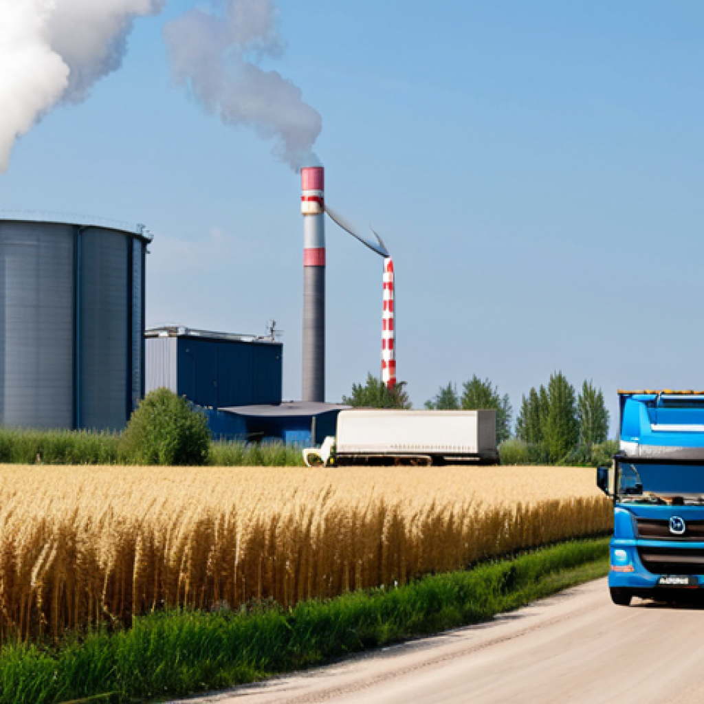 Local Biomass Supply Chain**

"Scenic view of rural Poland, showcasing fields of crops like willow or miscanthus, with a fully clothed farmer inspecting the harvest. In the background, a modern biofuel power plant is visible. Depict a local transportation truck delivering biomass to the plant. Focus on sustainable agriculture and community partnership. Safe for work, appropriate content, professional, modest, perfect anatomy, correct proportions, natural pose, high quality."

**