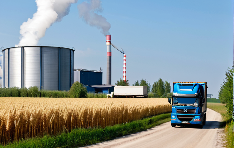 Local Biomass Supply Chain**

"Scenic view of rural Poland, showcasing fields of crops like willow or miscanthus, with a fully clothed farmer inspecting the harvest. In the background, a modern biofuel power plant is visible. Depict a local transportation truck delivering biomass to the plant. Focus on sustainable agriculture and community partnership. Safe for work, appropriate content, professional, modest, perfect anatomy, correct proportions, natural pose, high quality."

**