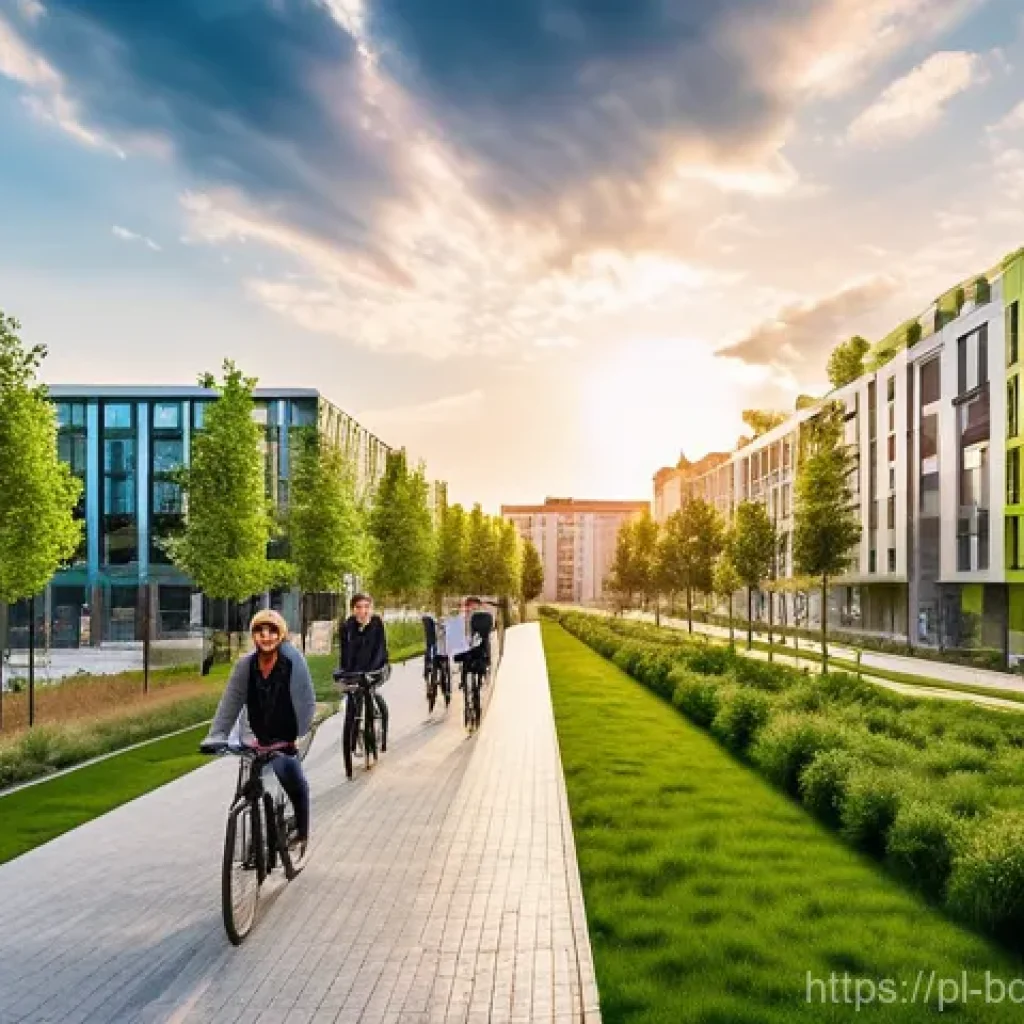 바이오연료 발전과 온실가스 감축 - **Prompt:** A vibrant, futuristic cityscape in Poland on a bright, sunny day. Modern, clean building...