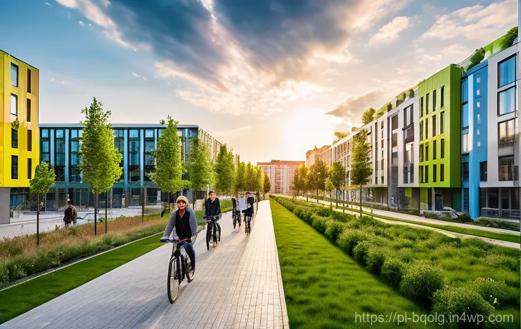 바이오연료 발전과 온실가스 감축 - **Prompt:** A vibrant, futuristic cityscape in Poland on a bright, sunny day. Modern, clean building...