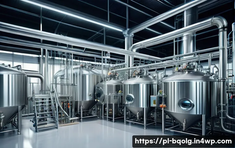 바이오연료 발전의 연구 및 개발 동향 - A modern biorefinery interior showcasing advanced fermentation technology: sleek stainless steel fer...