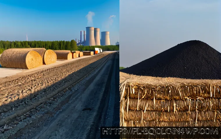 Home 17 바이오연료 발전과 화석 연료 비교 - Photorealistic side-by-side comparison of a modern biomass power plant using neatly stacked wood chi...